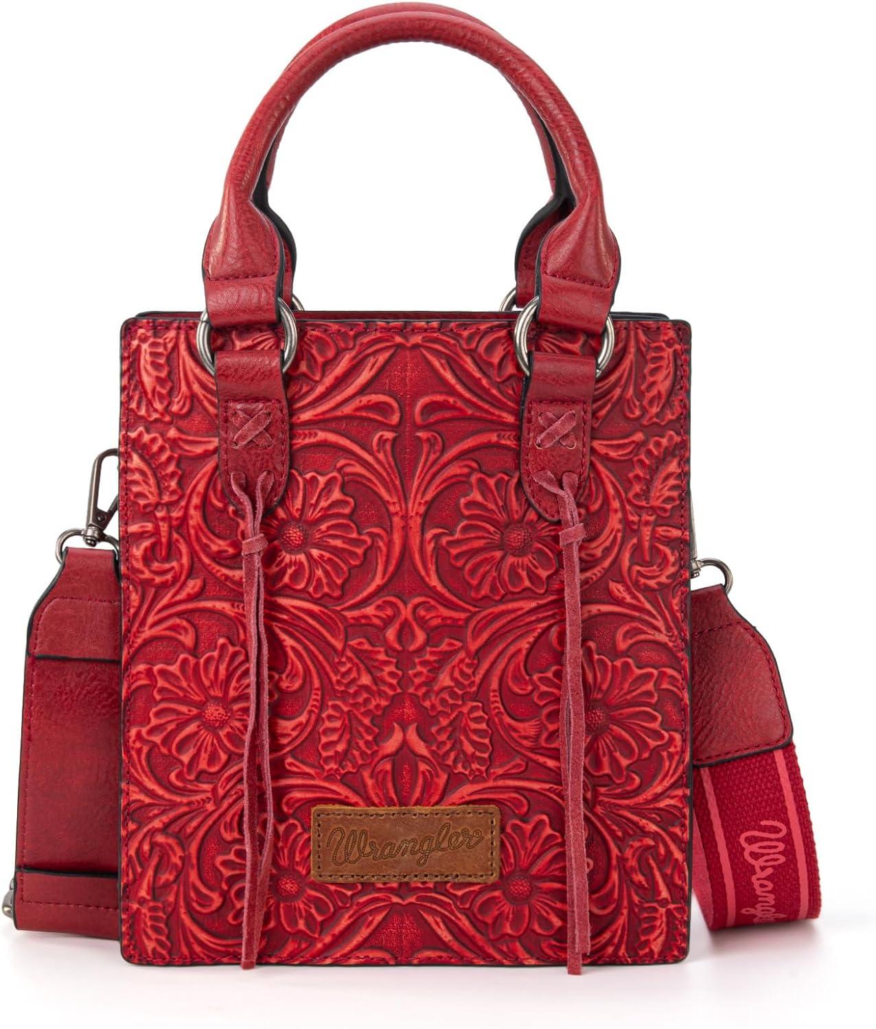 imageWrangler Embossed Crossbody Purse for Women Top Handle Fringe Handbags and Western Mini ToteAngel Red