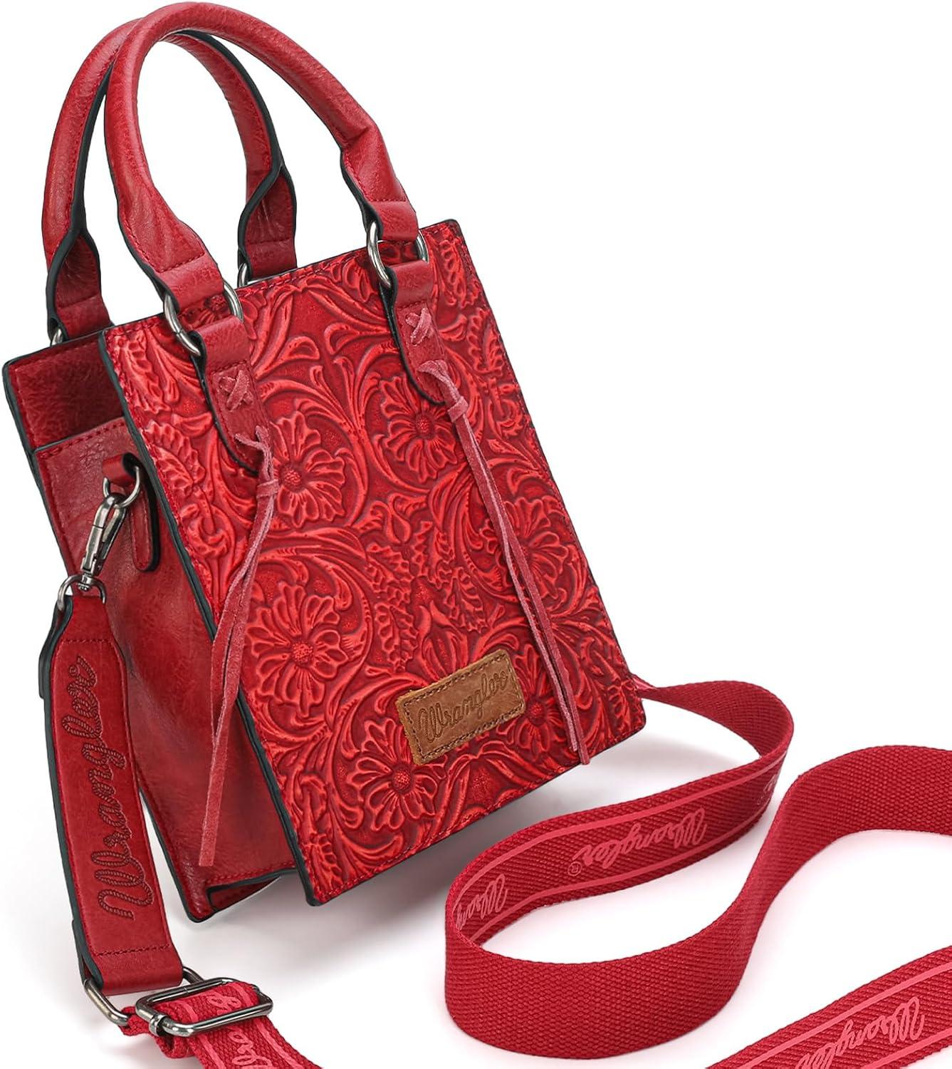imageWrangler Embossed Crossbody Purse for Women Top Handle Fringe Handbags and Western Mini ToteAngel Red