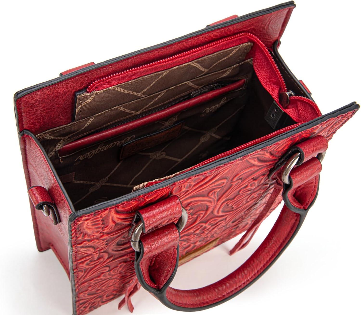 imageWrangler Embossed Crossbody Purse for Women Top Handle Fringe Handbags and Western Mini ToteAngel Red