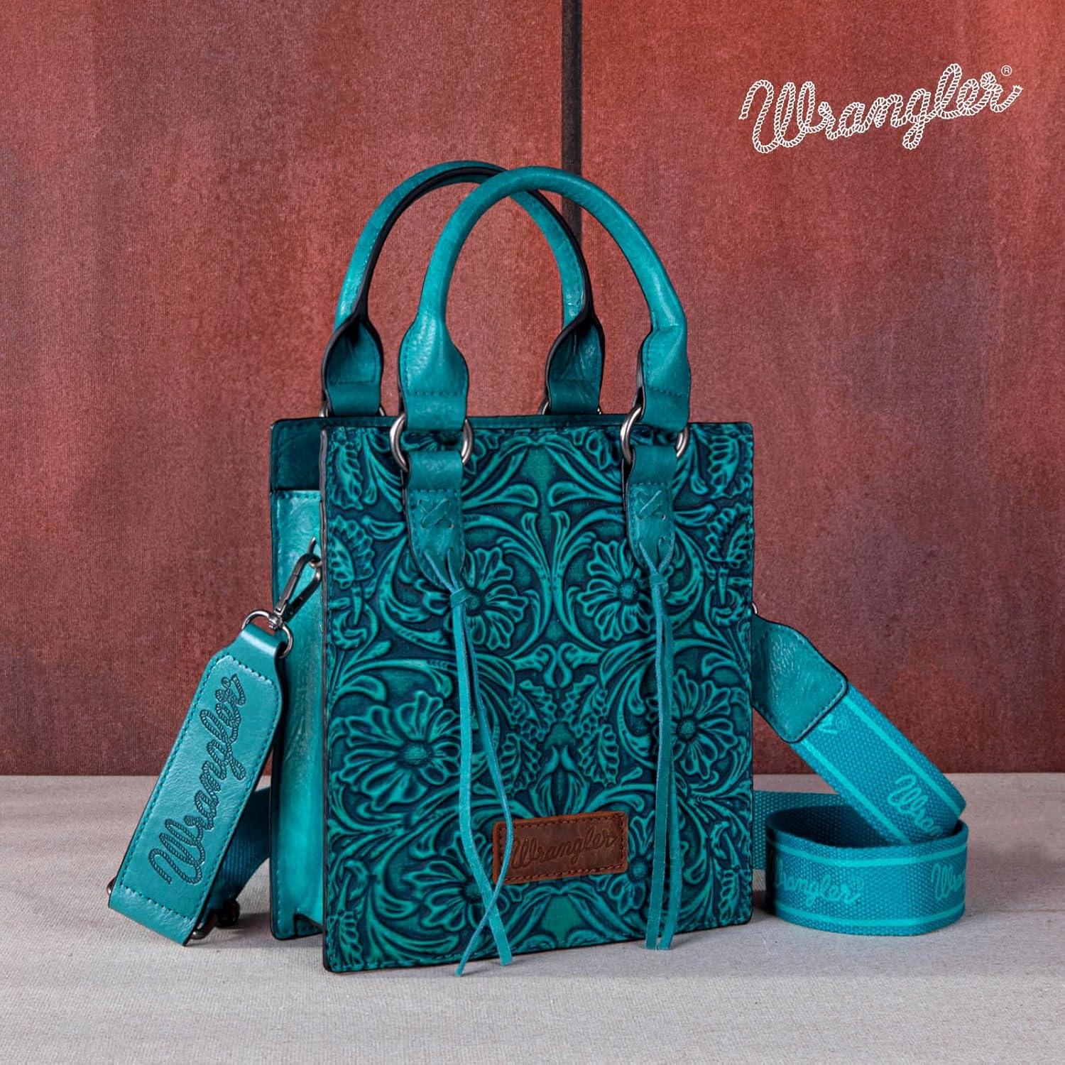imageWrangler Embossed Crossbody Purse for Women Top Handle Fringe Handbags and Western Mini ToteAngel Turquoise