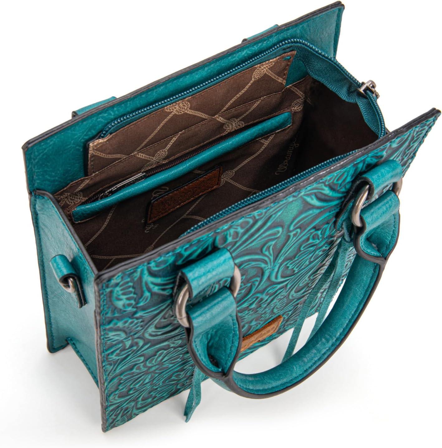 imageWrangler Embossed Crossbody Purse for Women Top Handle Fringe Handbags and Western Mini ToteAngel Turquoise