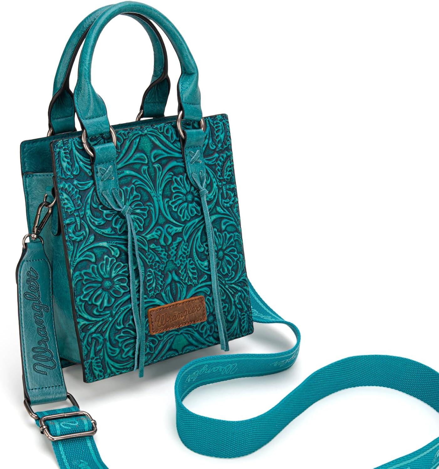 imageWrangler Embossed Crossbody Purse for Women Top Handle Fringe Handbags and Western Mini ToteAngel Turquoise