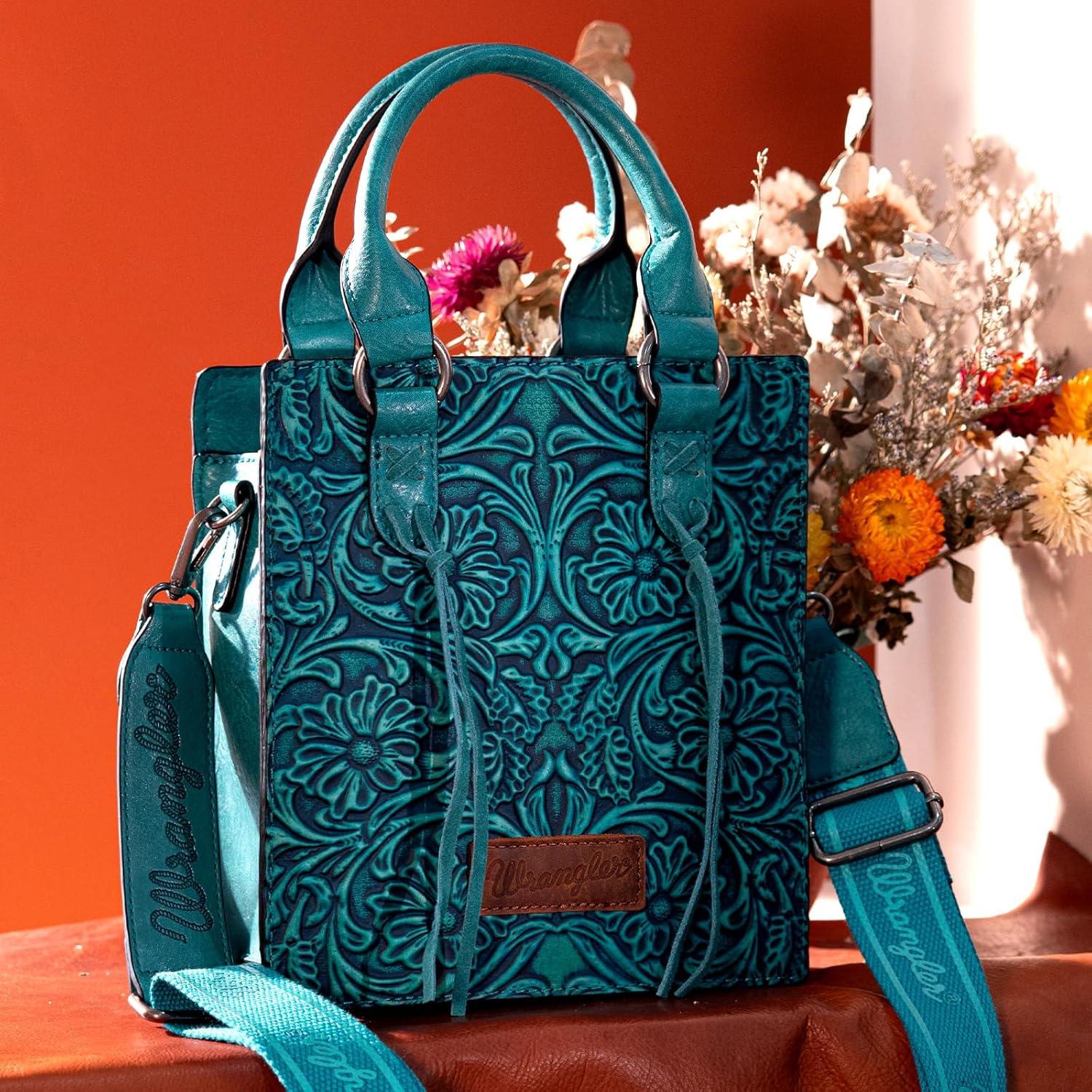 imageWrangler Embossed Crossbody Purse for Women Top Handle Fringe Handbags and Western Mini ToteAngel Turquoise