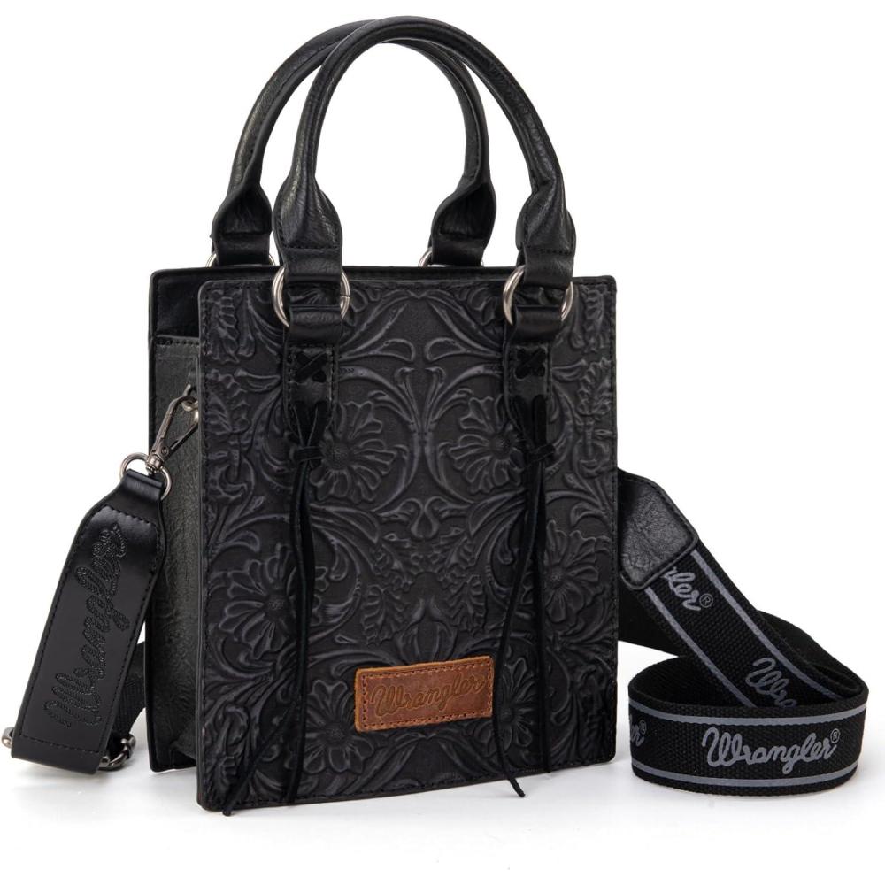 imageWrangler Embossed Crossbody Purse for Women Top Handle Fringe Handbags and Western Mini ToteAngel Black