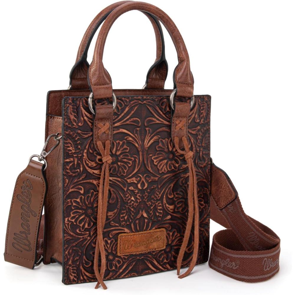 imageWrangler Embossed Crossbody Purse for Women Top Handle Fringe Handbags and Western Mini ToteAngel Brown