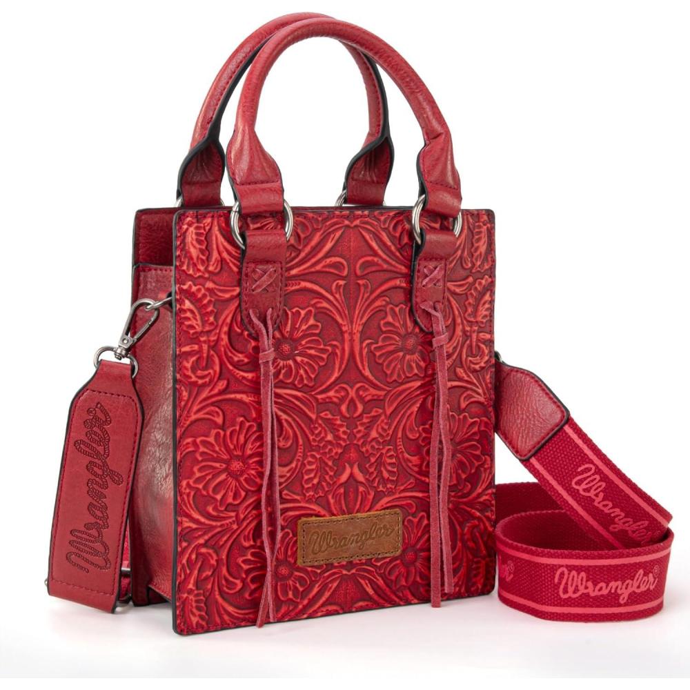 imageWrangler Embossed Crossbody Purse for Women Top Handle Fringe Handbags and Western Mini ToteAngel Red