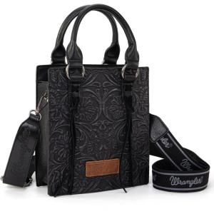 Wrangler Embossed Crossbody Purse for Women Top Handle Fringe Handbags and Western Mini Tote(Angel Black)