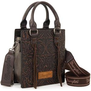 Wrangler Embossed Crossbody Purse for Women Top Handle Fringe Handbags and Western Mini Tote(Angel Coffee)