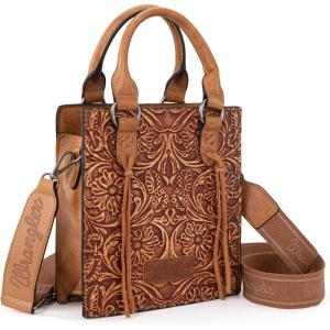 Wrangler Embossed Crossbody Purse for Women Top Handle Fringe Handbags and Western Mini Tote(Angel Light Brown)