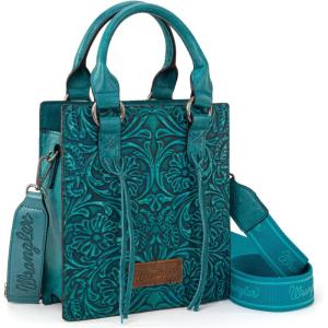 Wrangler Embossed Crossbody Purse for Women Top Handle Fringe Handbags and Western Mini Tote(Angel Turquoise)