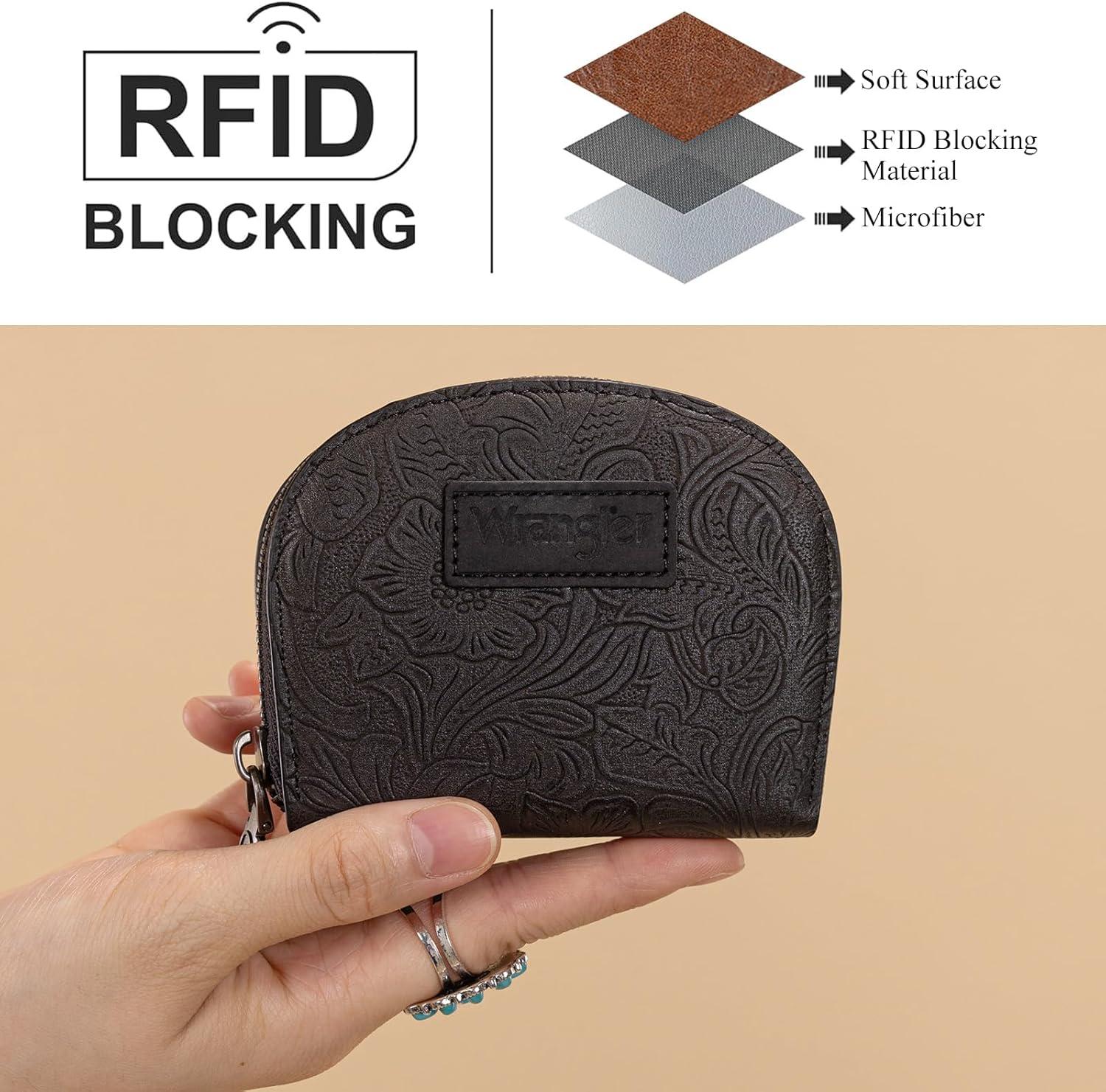 imageMontana West Wrangler Small Keychain Wallet for Women RFID Blocking Credit Card Holder Floral Tooling Coin Purse Brown WG338W1021BRFloral Black with Keychain