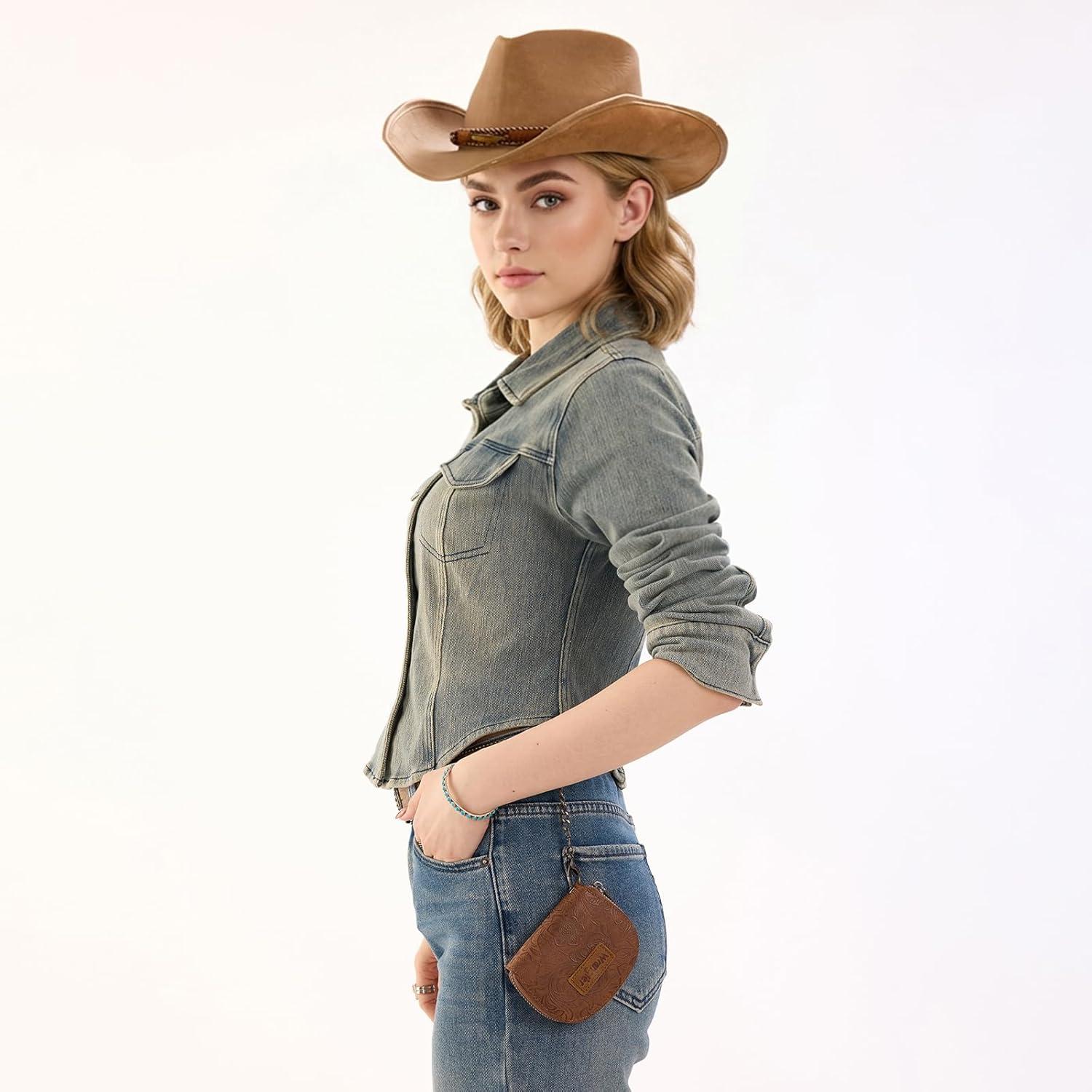imageMontana West Wrangler Small Keychain Wallet for Women RFID Blocking Credit Card Holder Floral Tooling Coin Purse Brown WG338W1021BRFloral Brown with Keychain
