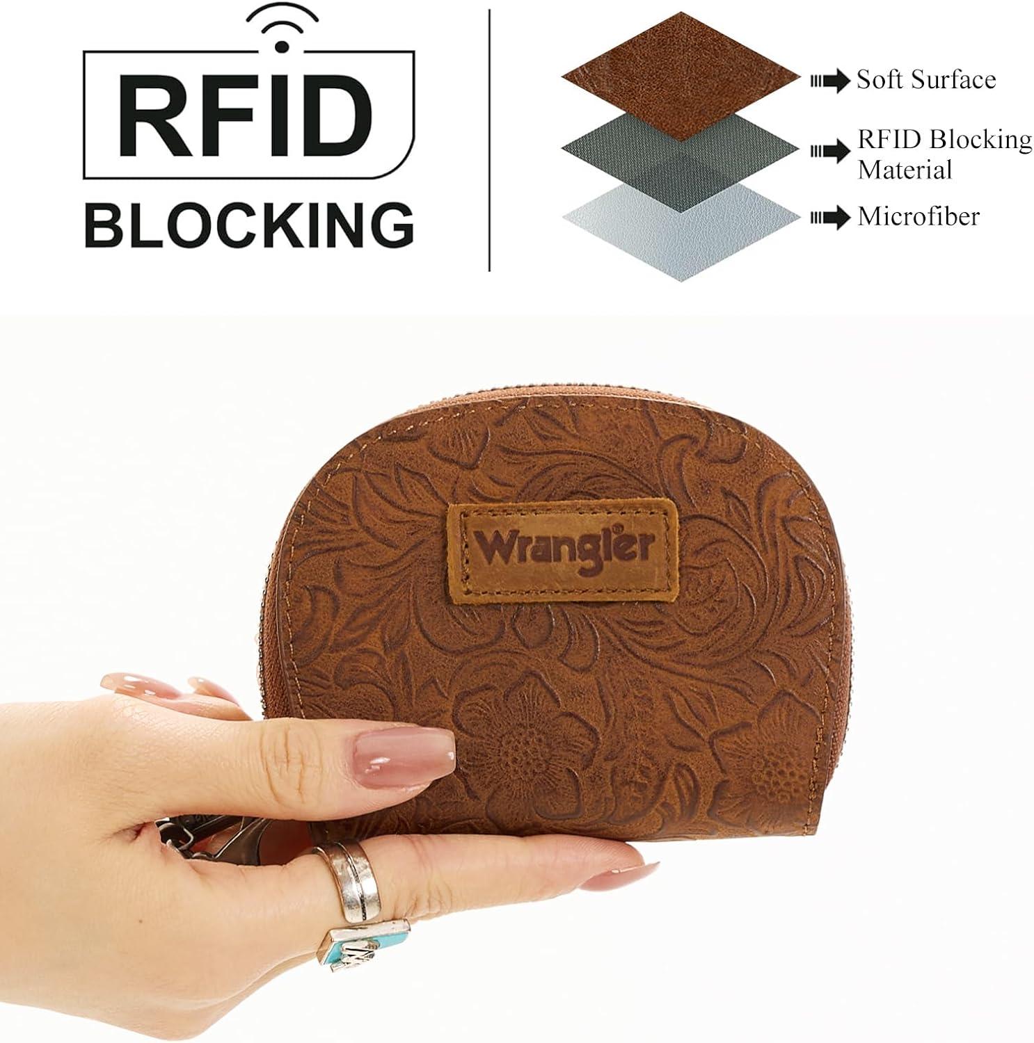 imageMontana West Wrangler Small Keychain Wallet for Women RFID Blocking Credit Card Holder Floral Tooling Coin Purse Brown WG338W1021BRFloral Brown with Keychain