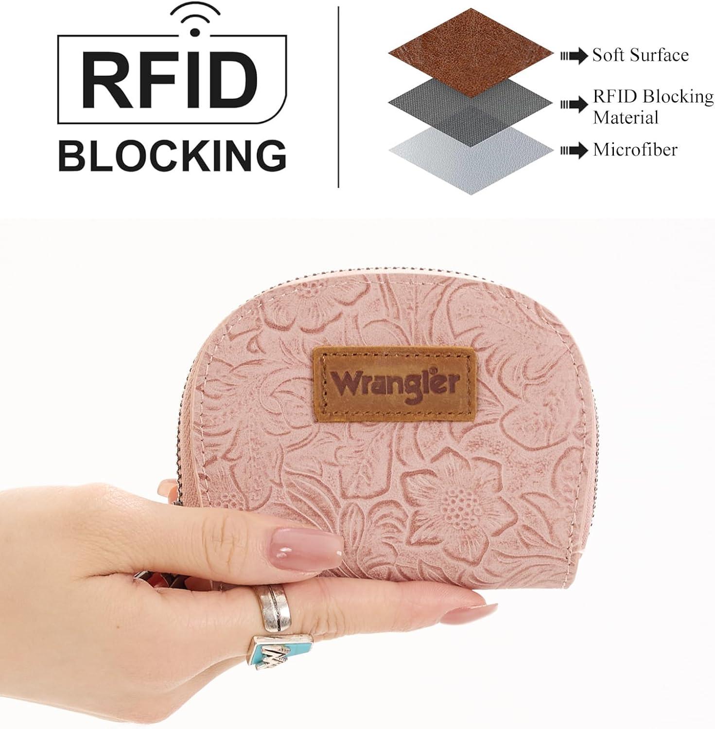 imageMontana West Wrangler Small Keychain Wallet for Women RFID Blocking Credit Card Holder Floral Tooling Coin Purse Brown WG338W1021BRFloral Dark Pink with Keychain