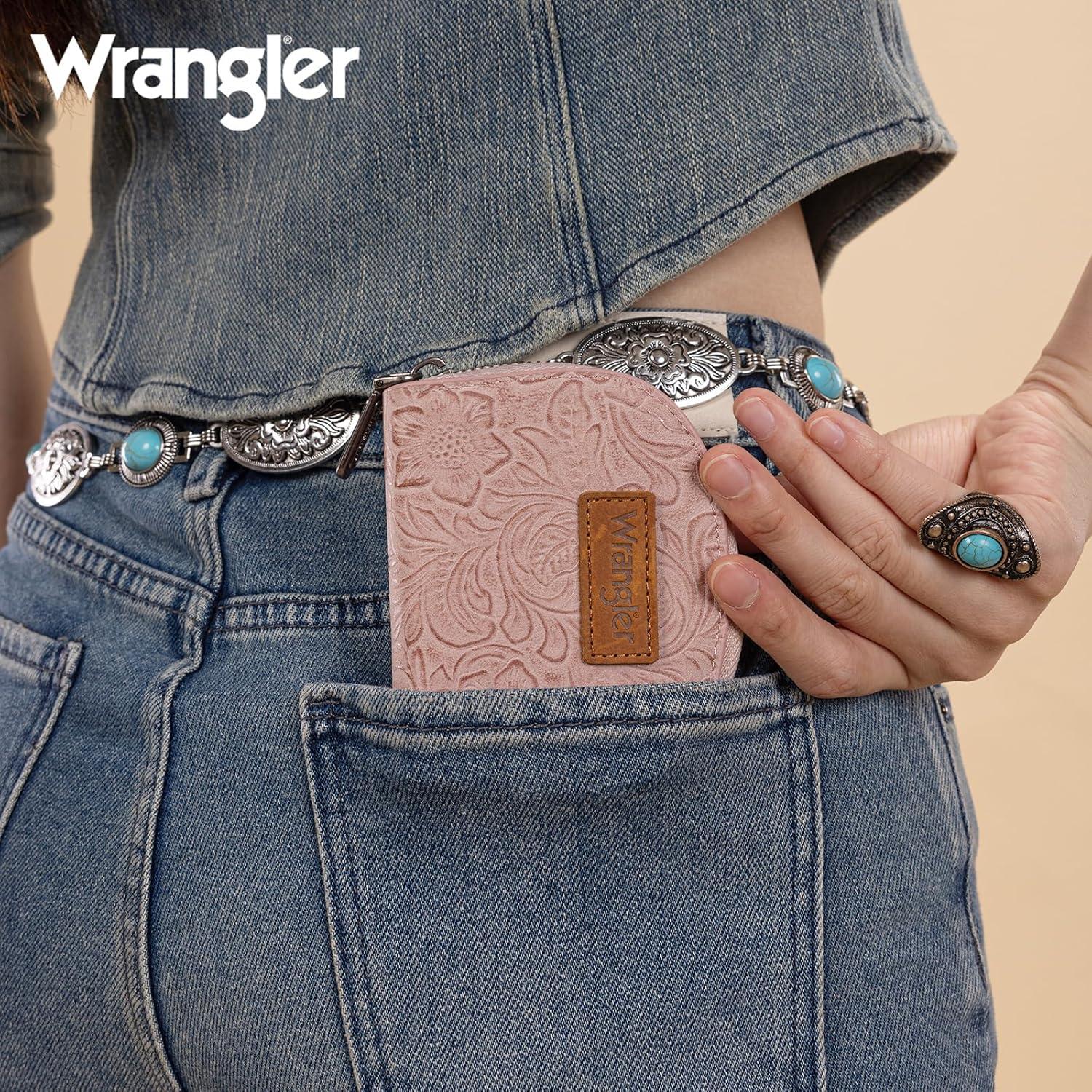 imageMontana West Wrangler Small Keychain Wallet for Women RFID Blocking Credit Card Holder Floral Tooling Coin Purse Brown WG338W1021BRFloral Dark Pink with Keychain