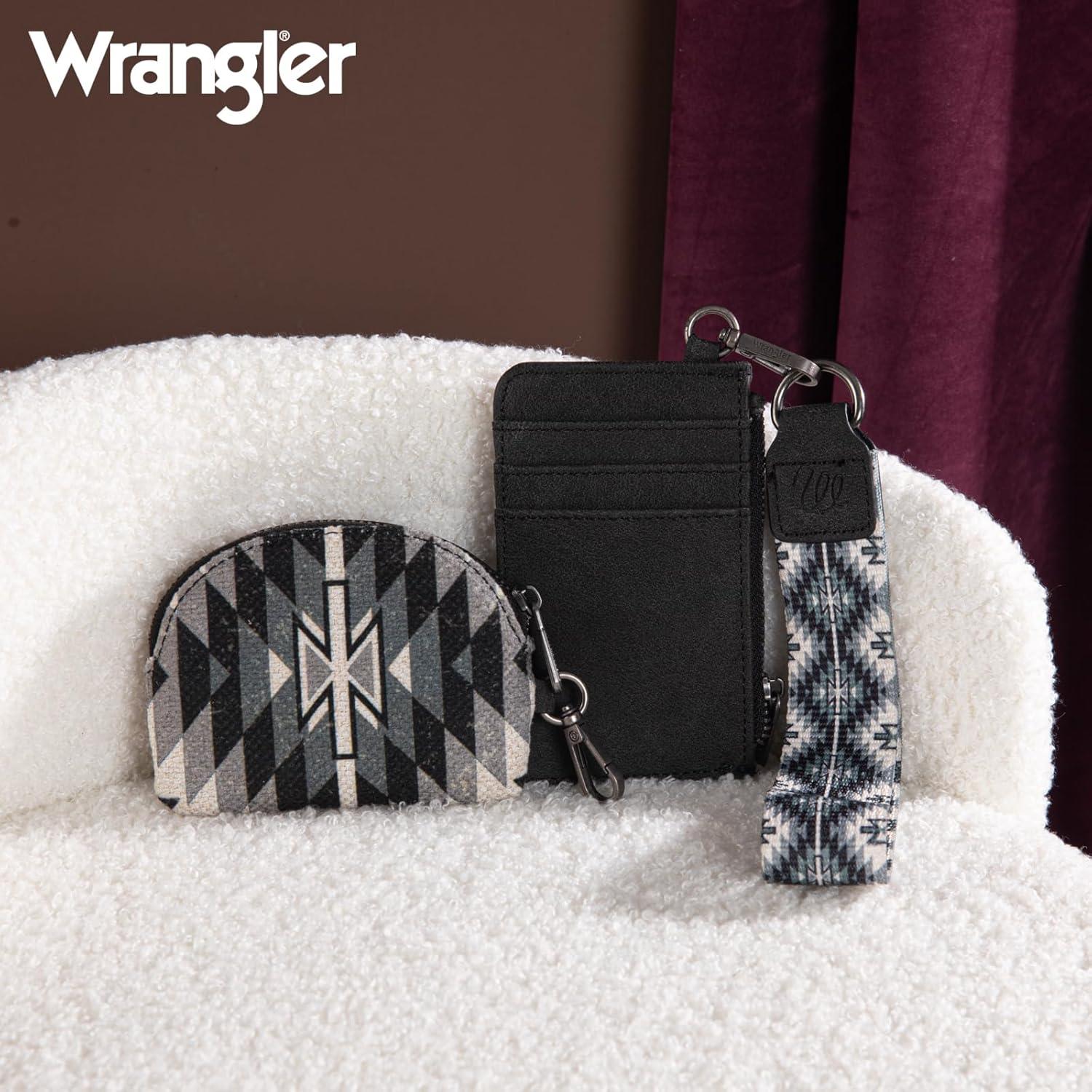 imageWrangler Western Aztec Keychain Wristlet Wallets for Women Dual Pouch Wristlet Portable Credit Card Holder Wallet with Zipper Pocket WG2213W0051BKAngel Aztec Black