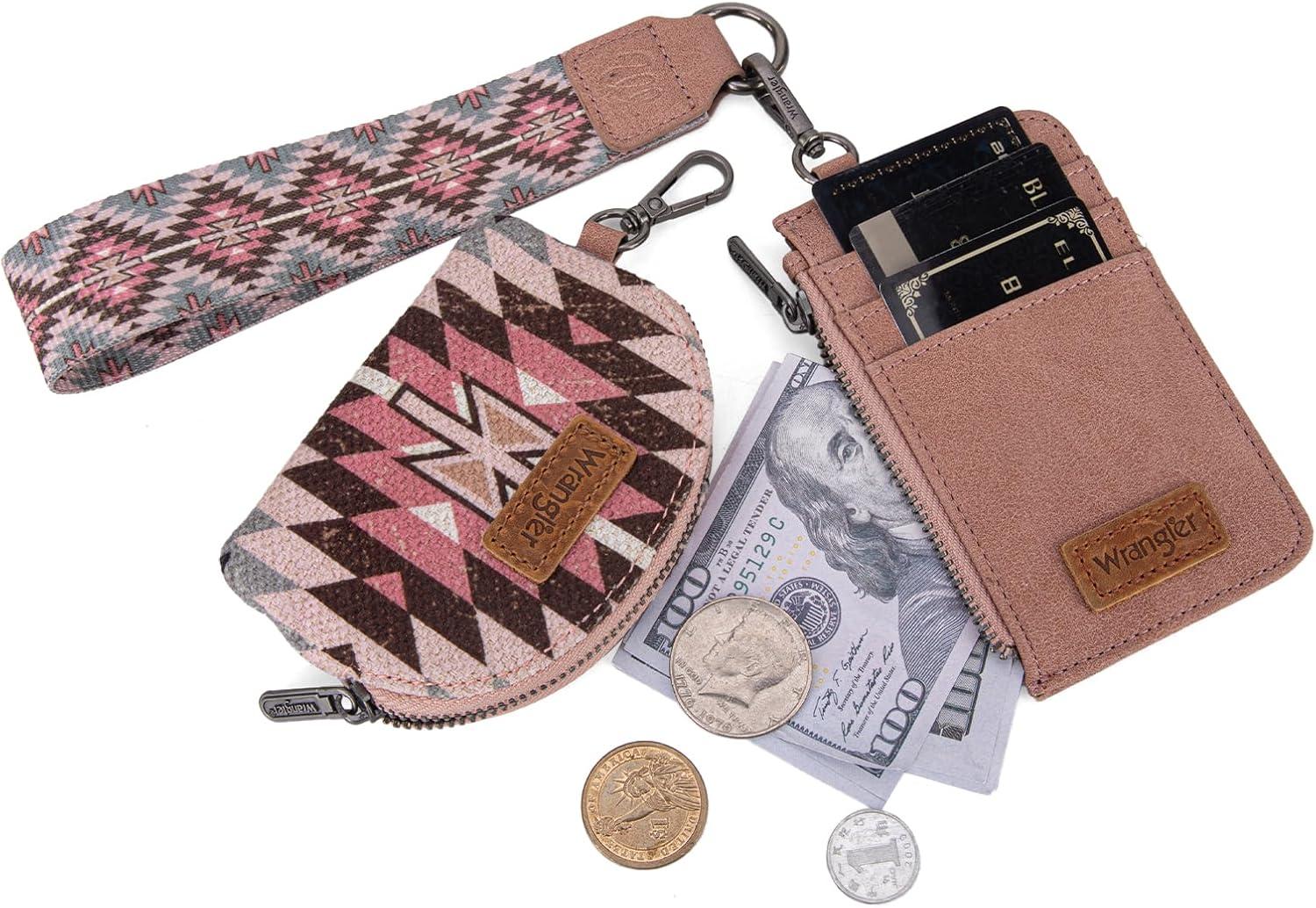 imageWrangler Western Aztec Keychain Wristlet Wallets for Women Dual Pouch Wristlet Portable Credit Card Holder Wallet with Zipper Pocket WG2213W0051BKAngel Pink
