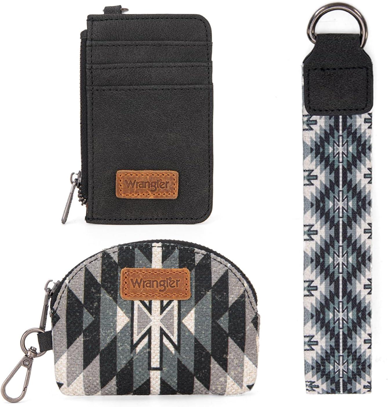 imageWrangler Western Aztec Keychain Wristlet Wallets for Women Dual Pouch Wristlet Portable Credit Card Holder Wallet with Zipper Pocket WG2213W0051BKAngel Aztec Black