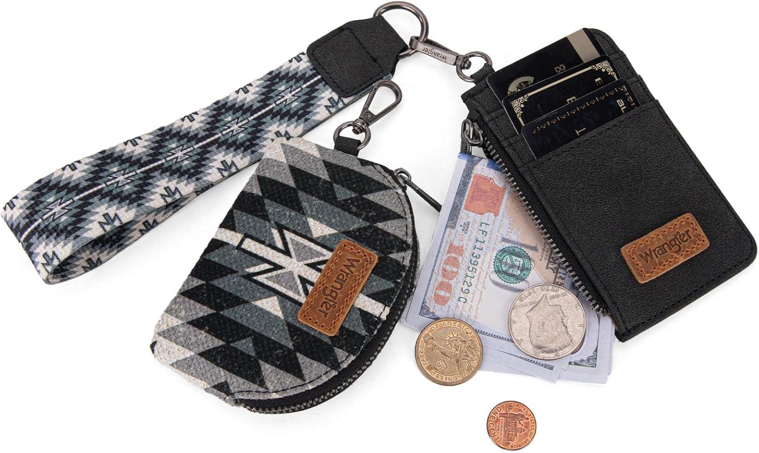 imageWrangler Western Aztec Keychain Wristlet Wallets for Women Dual Pouch Wristlet Portable Credit Card Holder Wallet with Zipper Pocket WG2213W0051BKAngel Aztec Black