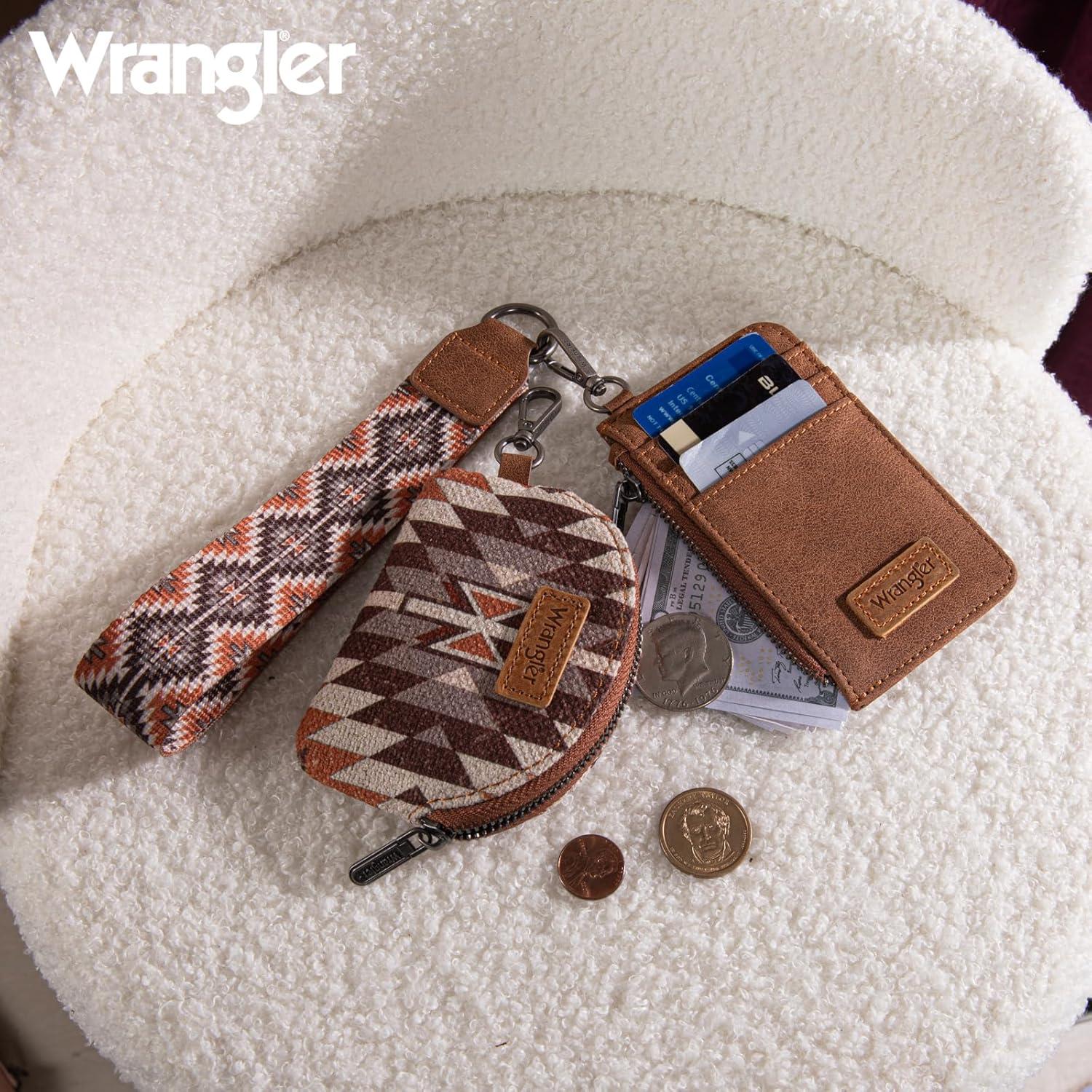 imageWrangler Western Aztec Keychain Wristlet Wallets for Women Dual Pouch Wristlet Portable Credit Card Holder Wallet with Zipper Pocket WG2213W0051BKAngel Brown