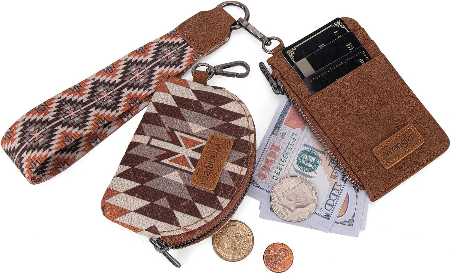 imageWrangler Western Aztec Keychain Wristlet Wallets for Women Dual Pouch Wristlet Portable Credit Card Holder Wallet with Zipper Pocket WG2213W0051BKAngel Brown