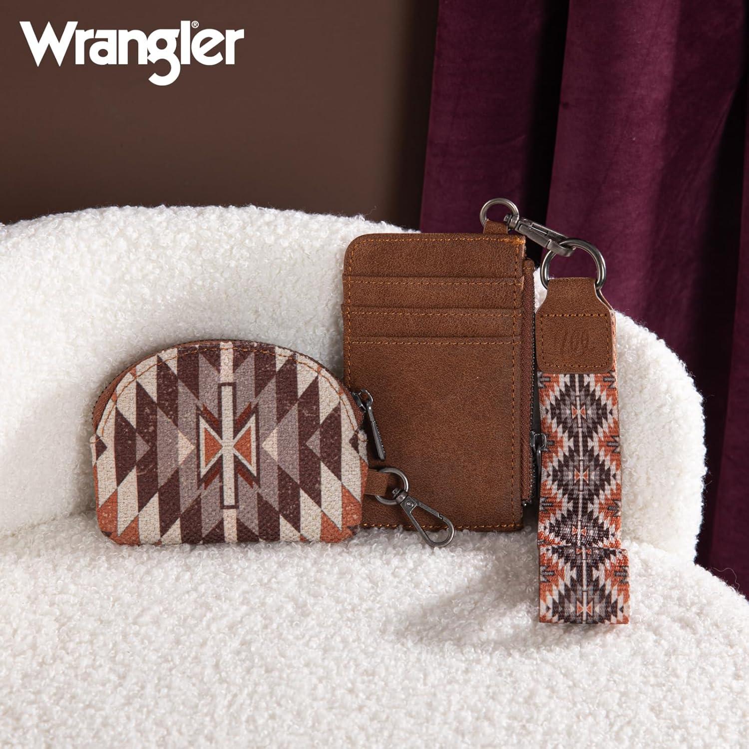 imageWrangler Western Aztec Keychain Wristlet Wallets for Women Dual Pouch Wristlet Portable Credit Card Holder Wallet with Zipper Pocket WG2213W0051BKAngel Brown