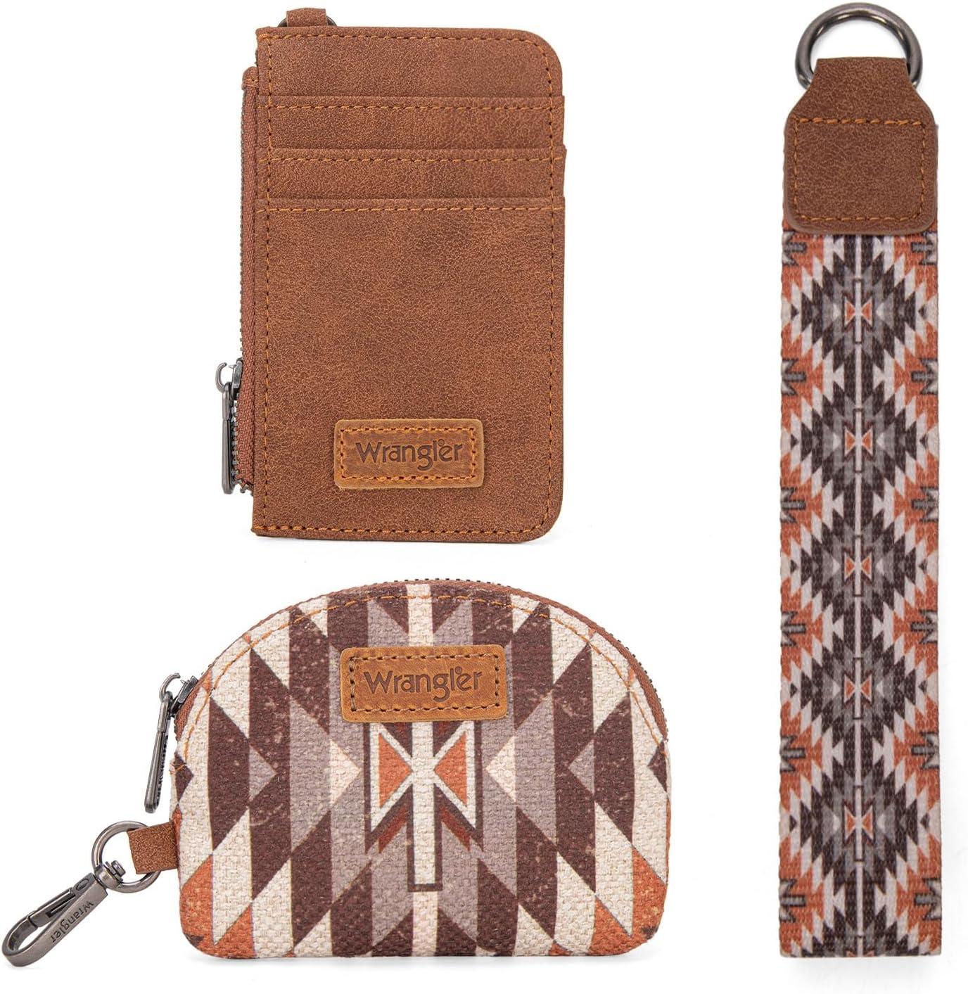 imageWrangler Western Aztec Keychain Wristlet Wallets for Women Dual Pouch Wristlet Portable Credit Card Holder Wallet with Zipper Pocket WG2213W0051BKAngel Brown