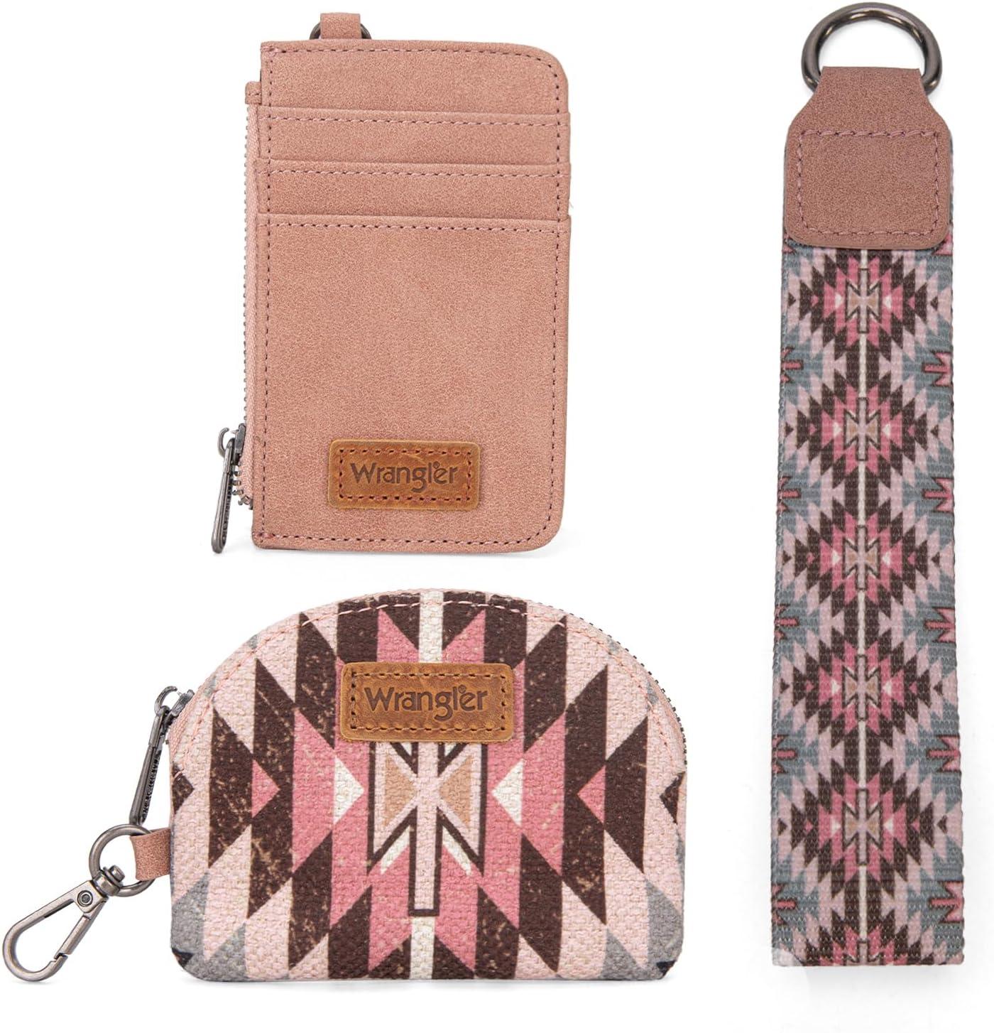 imageWrangler Western Aztec Keychain Wristlet Wallets for Women Dual Pouch Wristlet Portable Credit Card Holder Wallet with Zipper Pocket WG2213W0051BKAngel Pink