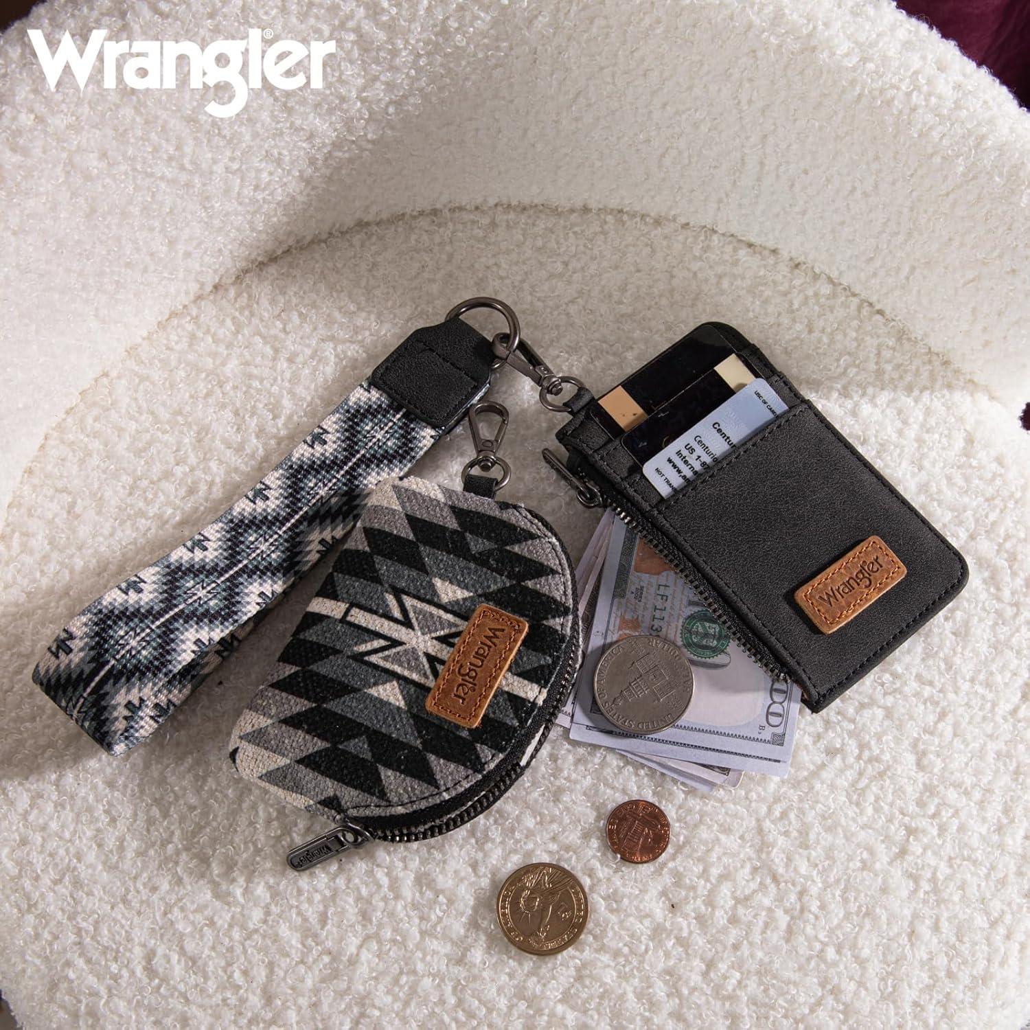 imageWrangler Western Aztec Keychain Wristlet Wallets for Women Dual Pouch Wristlet Portable Credit Card Holder Wallet with Zipper Pocket WG2213W0051BKAngel Aztec Black