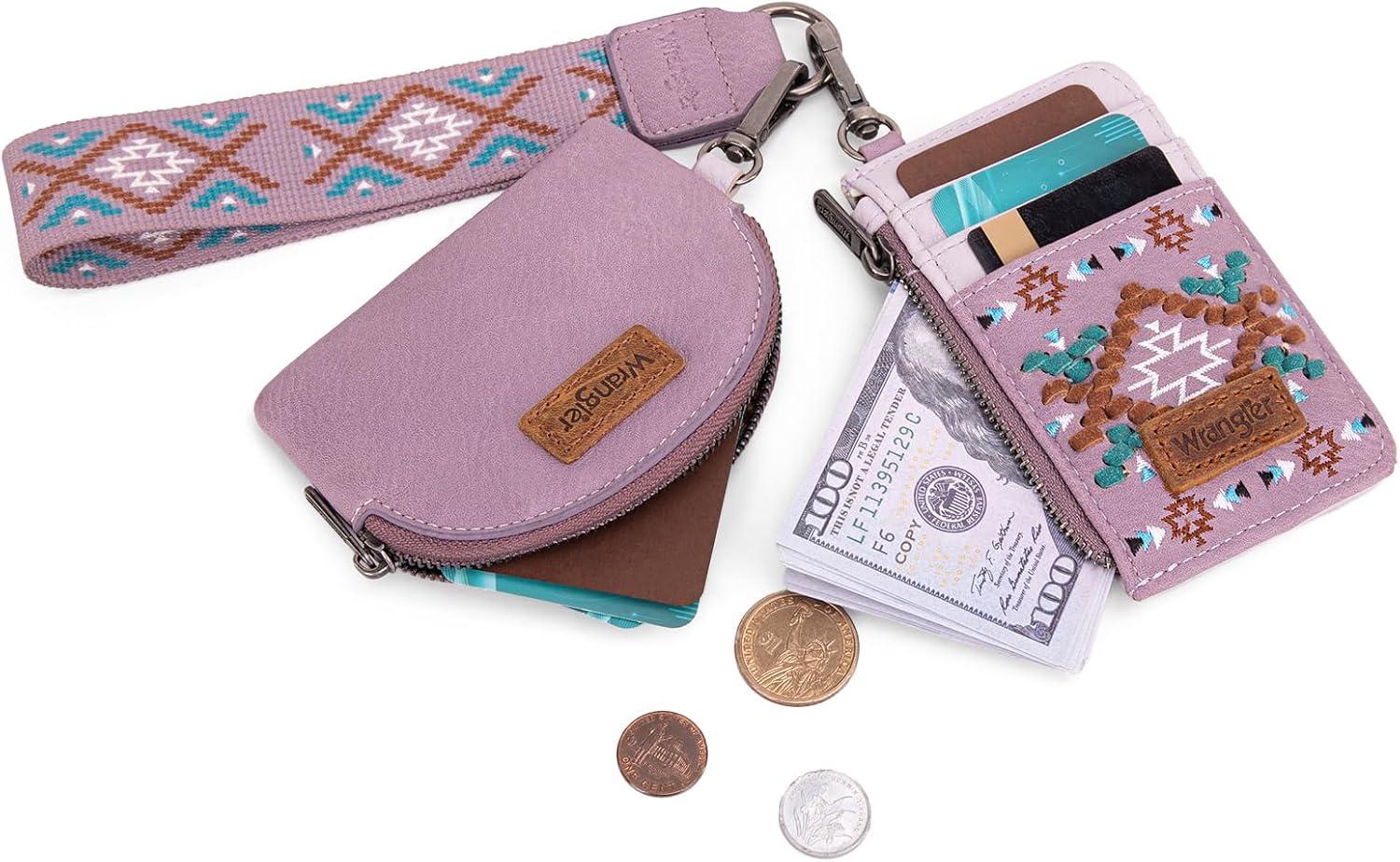 imageWrangler Western Aztec Keychain Wristlet Wallets for Women Dual Pouch Wristlet Portable Credit Card Holder Wallet with Zipper Pocket WG2213W0051BKAztecPurple