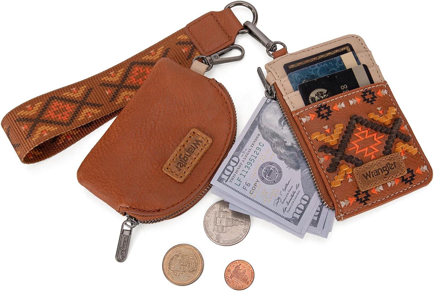 imageWrangler Western Aztec Keychain Wristlet Wallets for Women Dual Pouch Wristlet Portable Credit Card Holder Wallet with Zipper Pocket WG2213W0051BKAztecBrown