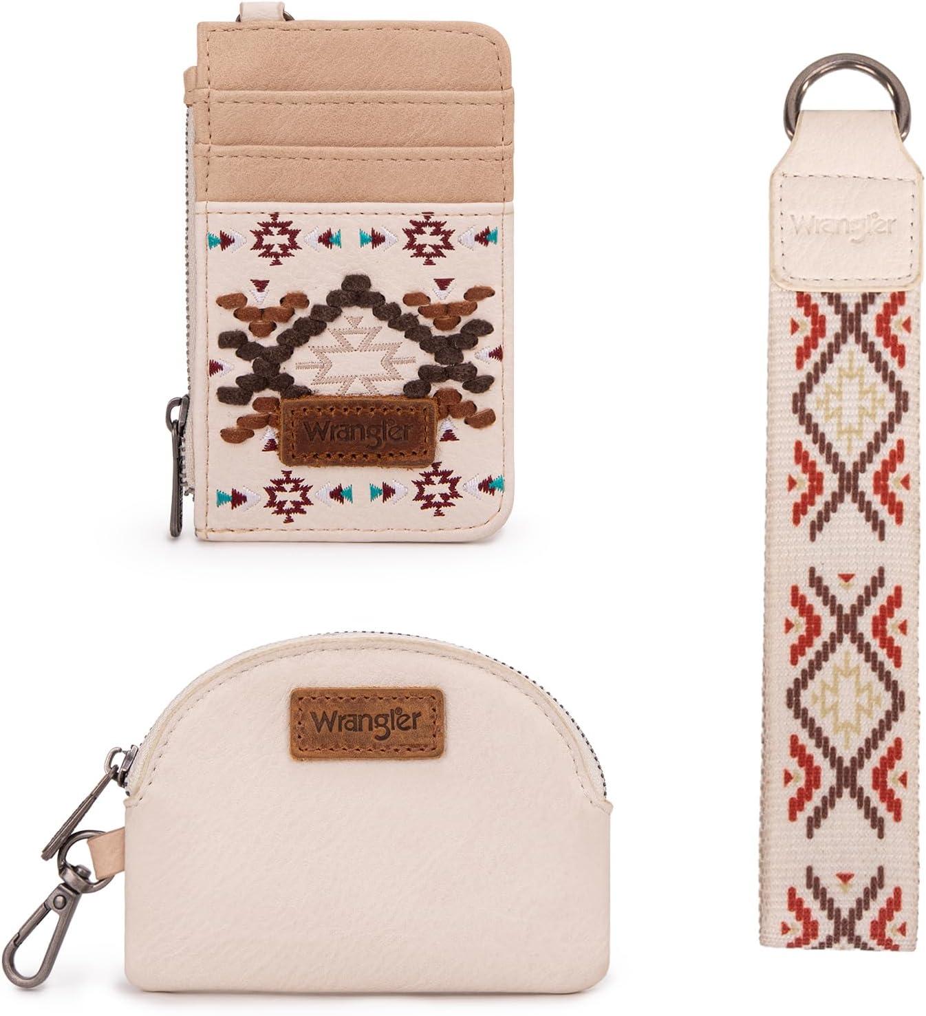imageWrangler Western Aztec Keychain Wristlet Wallets for Women Dual Pouch Wristlet Portable Credit Card Holder Wallet with Zipper Pocket WG2213W0051BKAztecTan