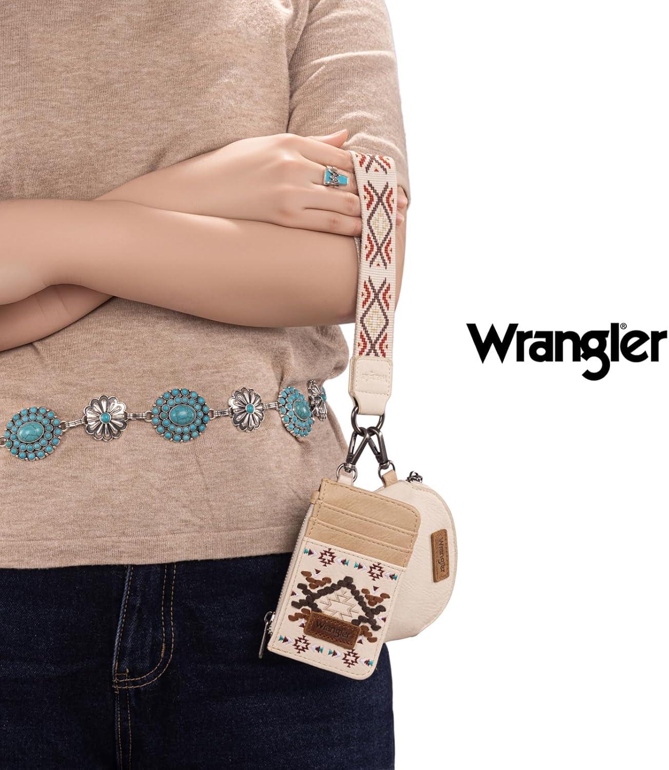 imageWrangler Western Aztec Keychain Wristlet Wallets for Women Dual Pouch Wristlet Portable Credit Card Holder Wallet with Zipper Pocket WG2213W0051BKAztecTan