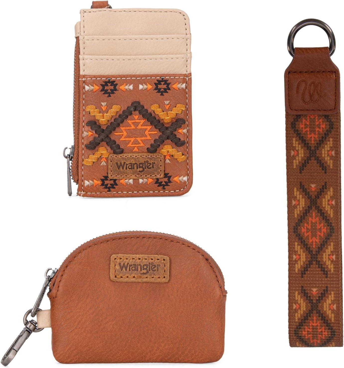 imageWrangler Western Aztec Keychain Wristlet Wallets for Women Dual Pouch Wristlet Portable Credit Card Holder Wallet with Zipper Pocket WG2213W0051BKAztecBrown