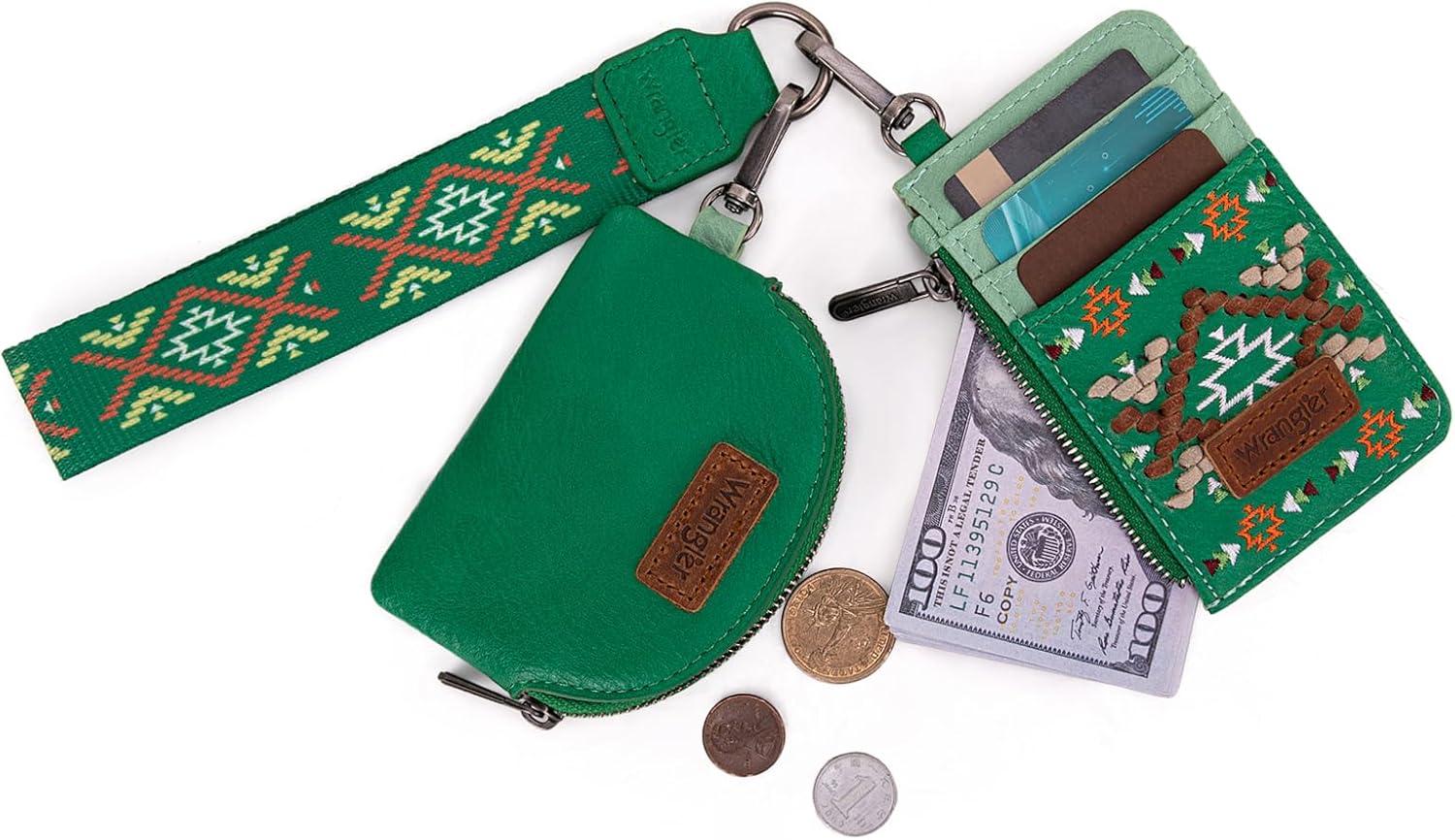 imageWrangler Western Aztec Keychain Wristlet Wallets for Women Dual Pouch Wristlet Portable Credit Card Holder Wallet with Zipper Pocket WG2213W0051BKAztecLightgreen