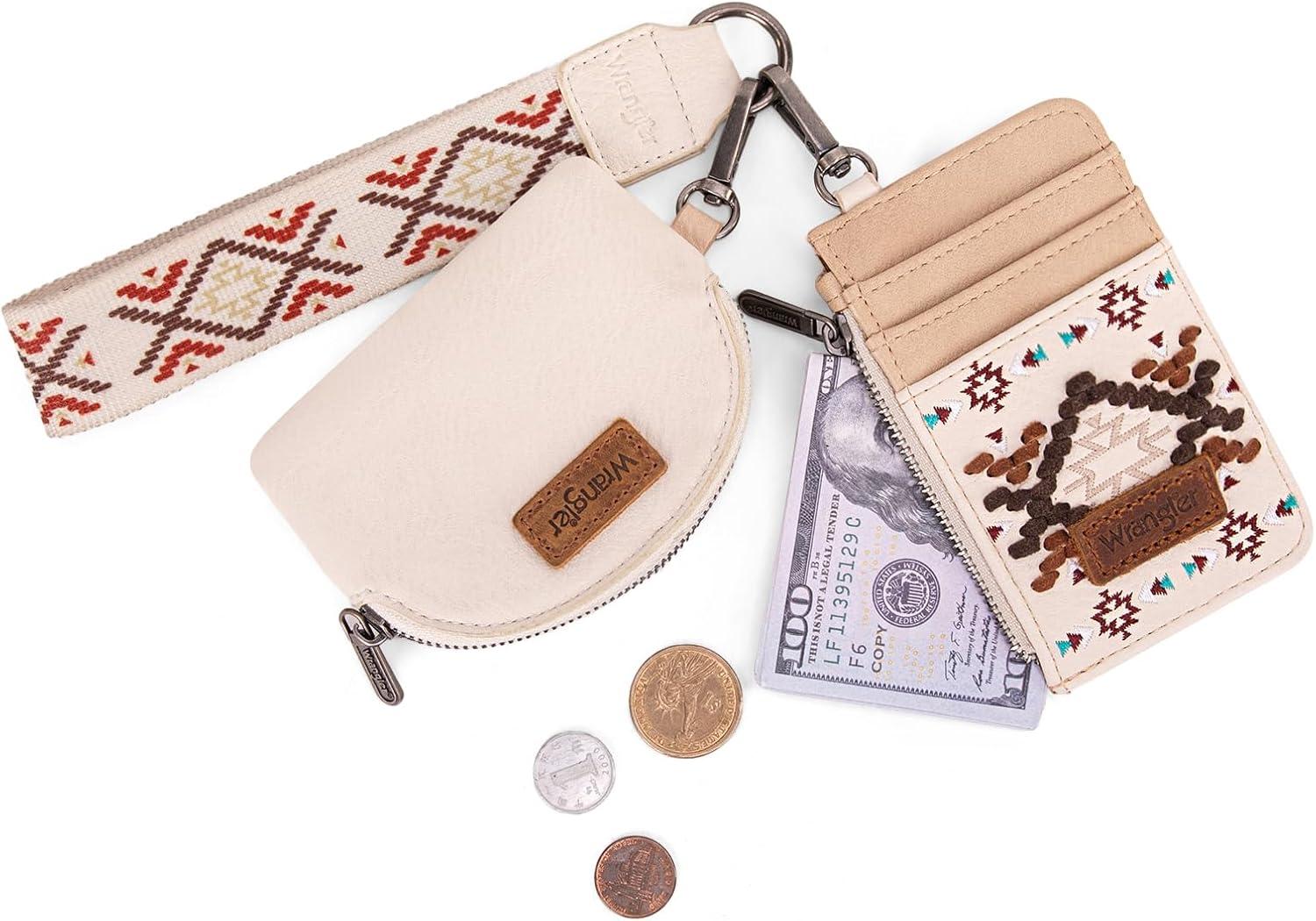 imageWrangler Western Aztec Keychain Wristlet Wallets for Women Dual Pouch Wristlet Portable Credit Card Holder Wallet with Zipper Pocket WG2213W0051BKAztecTan