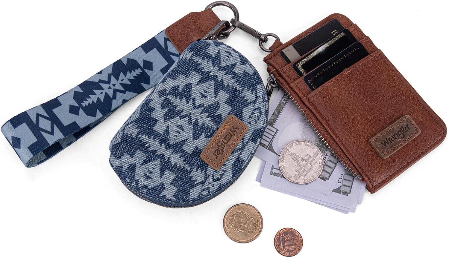 imageWrangler Western Aztec Keychain Wristlet Wallets for Women Dual Pouch Wristlet Portable Credit Card Holder Wallet with Zipper Pocket WG2213W0051BKRetro Jean