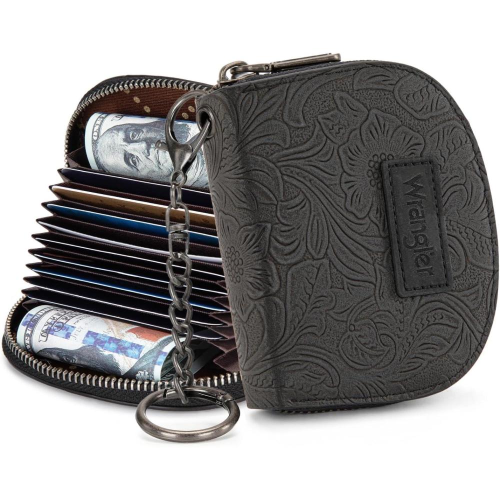 imageMontana West Wrangler Small Keychain Wallet for Women RFID Blocking Credit Card Holder Floral Tooling Coin Purse Brown WG338W1021BRFloral Black with Keychain