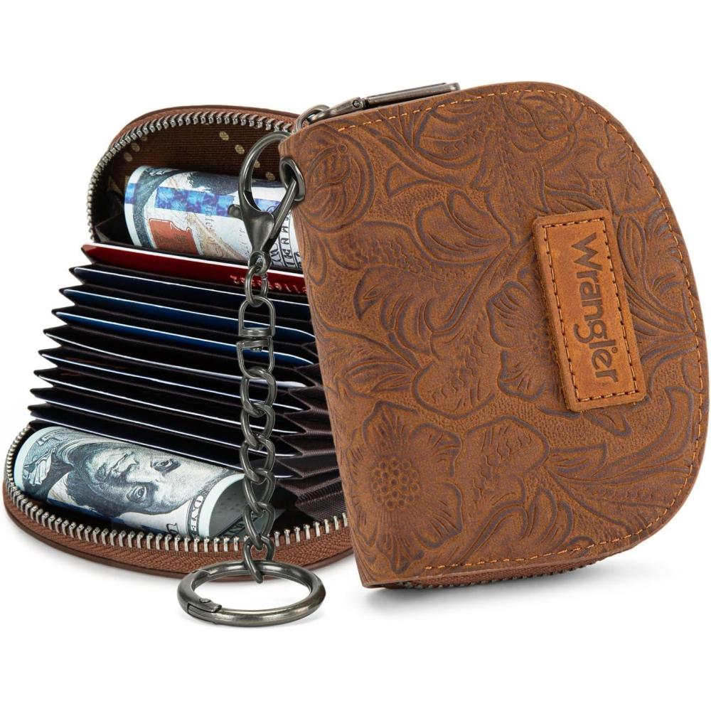 imageMontana West Wrangler Small Keychain Wallet for Women RFID Blocking Credit Card Holder Floral Tooling Coin Purse Brown WG338W1021BRFloral Brown with Keychain