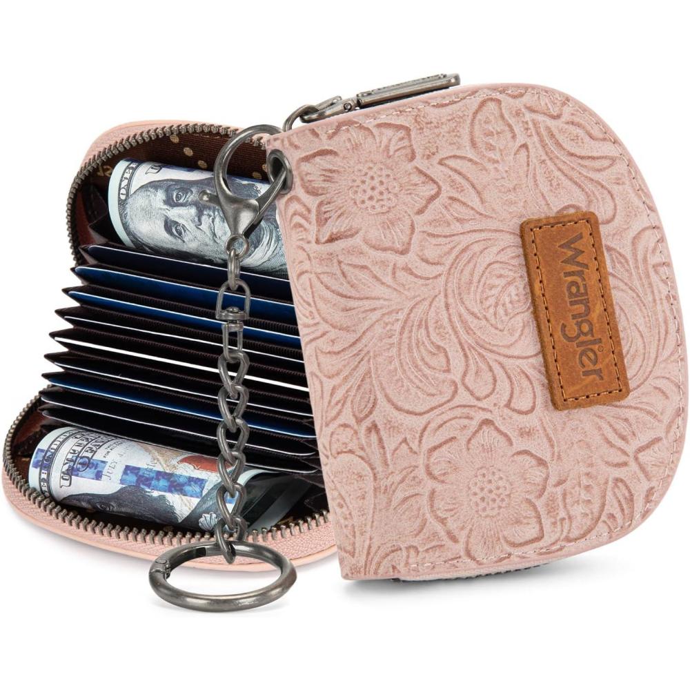 imageMontana West Wrangler Small Keychain Wallet for Women RFID Blocking Credit Card Holder Floral Tooling Coin Purse Brown WG338W1021BRFloral Dark Pink with Keychain
