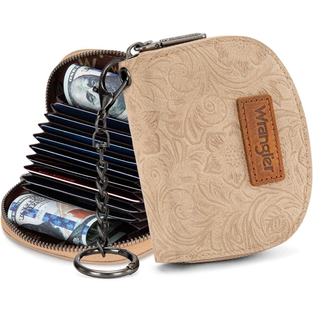 imageMontana West Wrangler Small Keychain Wallet for Women RFID Blocking Credit Card Holder Floral Tooling Coin Purse Brown WG338W1021BRFloral Tan with Keychain