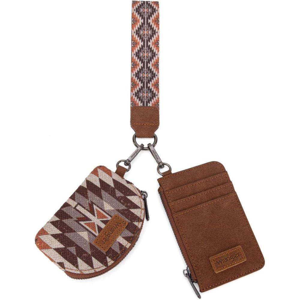 imageWrangler Western Aztec Keychain Wristlet Wallets for Women Dual Pouch Wristlet Portable Credit Card Holder Wallet with Zipper Pocket WG2213W0051BKAngel Brown