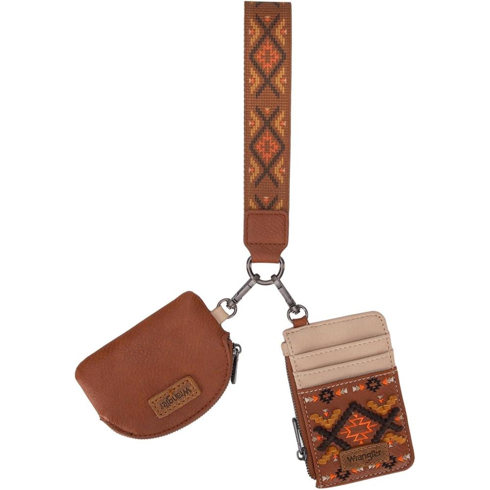 imageWrangler Western Aztec Keychain Wristlet Wallets for Women Dual Pouch Wristlet Portable Credit Card Holder Wallet with Zipper Pocket WG2213W0051BKAztecBrown