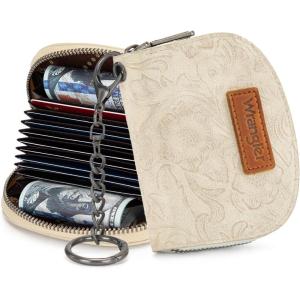 Montana West Wrangler Small Keychain Wallet for Women RFID Blocking Credit Card Holder Floral Tooling Coin Purse Brown WG338-W102-1BR(Floral Beige with Keychain)