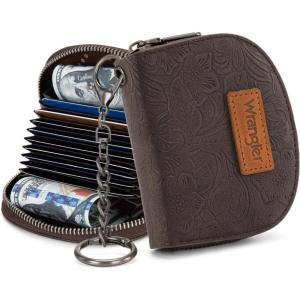 Montana West Wrangler Small Keychain Wallet for Women RFID Blocking Credit Card Holder Floral Tooling Coin Purse Brown WG338-W102-1BR(Floral Coffee with Keychain)