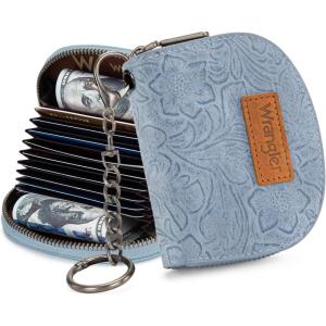 Montana West Wrangler Small Keychain Wallet for Women RFID Blocking Credit Card Holder Floral Tooling Coin Purse Brown WG338-W102-1BR(Floral Jean with Keychain)