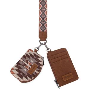 Wrangler Western Aztec Keychain Wristlet Wallets for Women Dual Pouch Wristlet Portable Credit Card Holder Wallet with Zipper Pocket WG2213-W0051BK(Angel Brown)