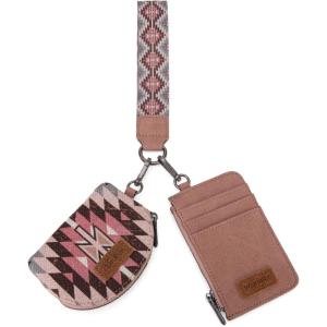 Wrangler Western Aztec Keychain Wristlet Wallets for Women Dual Pouch Wristlet Portable Credit Card Holder Wallet with Zipper Pocket WG2213-W0051BK(Angel Pink)