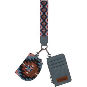 Wrangler Western Aztec Keychain Wristlet Wallets for Women Dual Pouch Wristlet Portable Credit Card Holder Wallet with Zipper Pocket WG2213-W0051BK(Angel Navy)