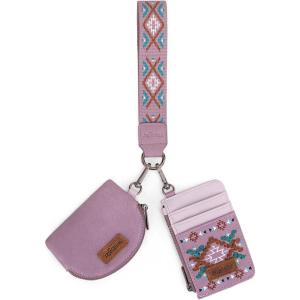 Wrangler Western Aztec Keychain Wristlet Wallets for Women Dual Pouch Wristlet Portable Credit Card Holder Wallet with Zipper Pocket WG2213-W0051BK(Aztec-Purple)
